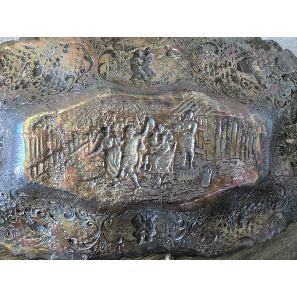 Antique Silver on Copper Dutch Revival Repousse People Tavern Courtyard Bowl